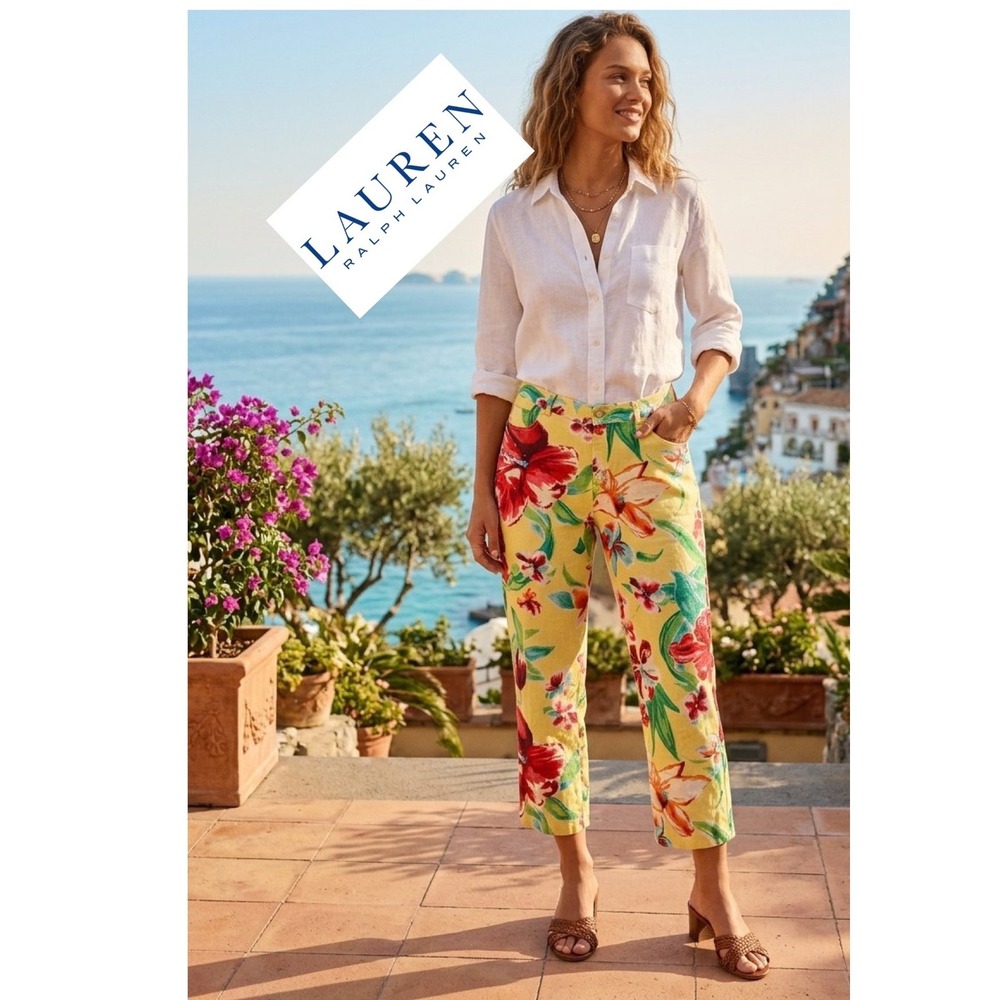 Lauren Ralph Lauren Yellow Floral Linen Pants Tropical Straight Leg Size 6